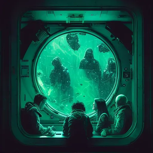 Group of astronauts in a space station observing a green nebula through a large window - Image 2