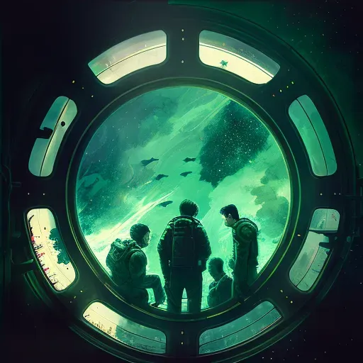 Group of astronauts in a space station observing a green nebula through a large window - Image 4