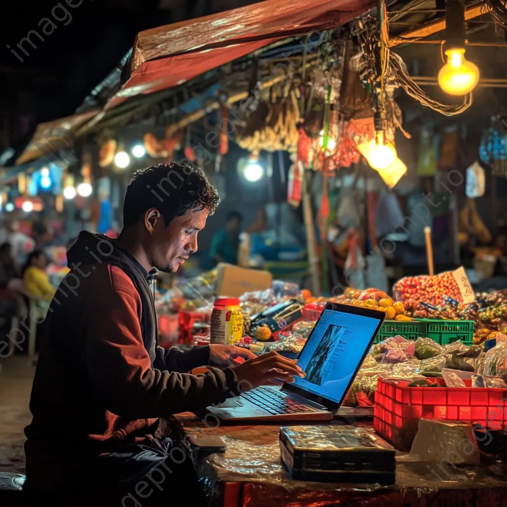 Freelancer using laptop in a colorful local market - Image 2