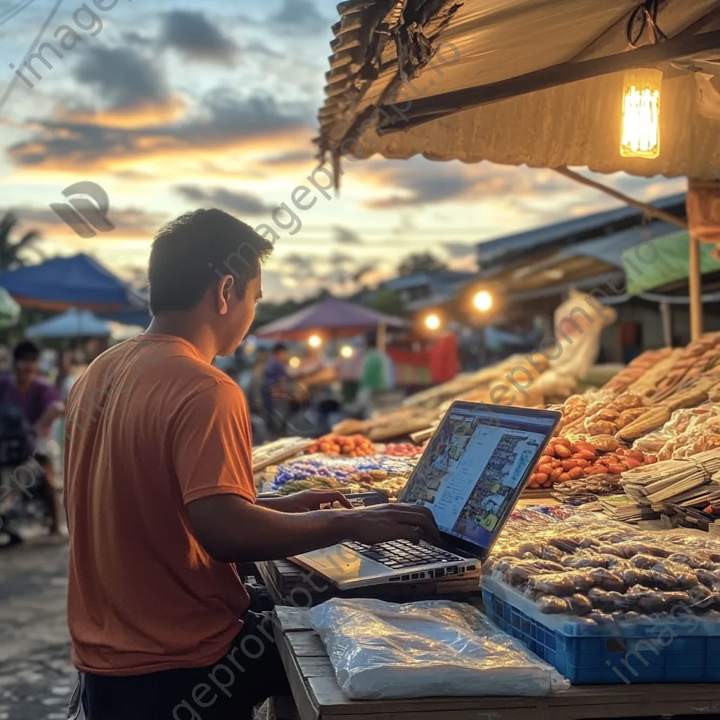 Freelancer using laptop in a colorful local market - Image 3