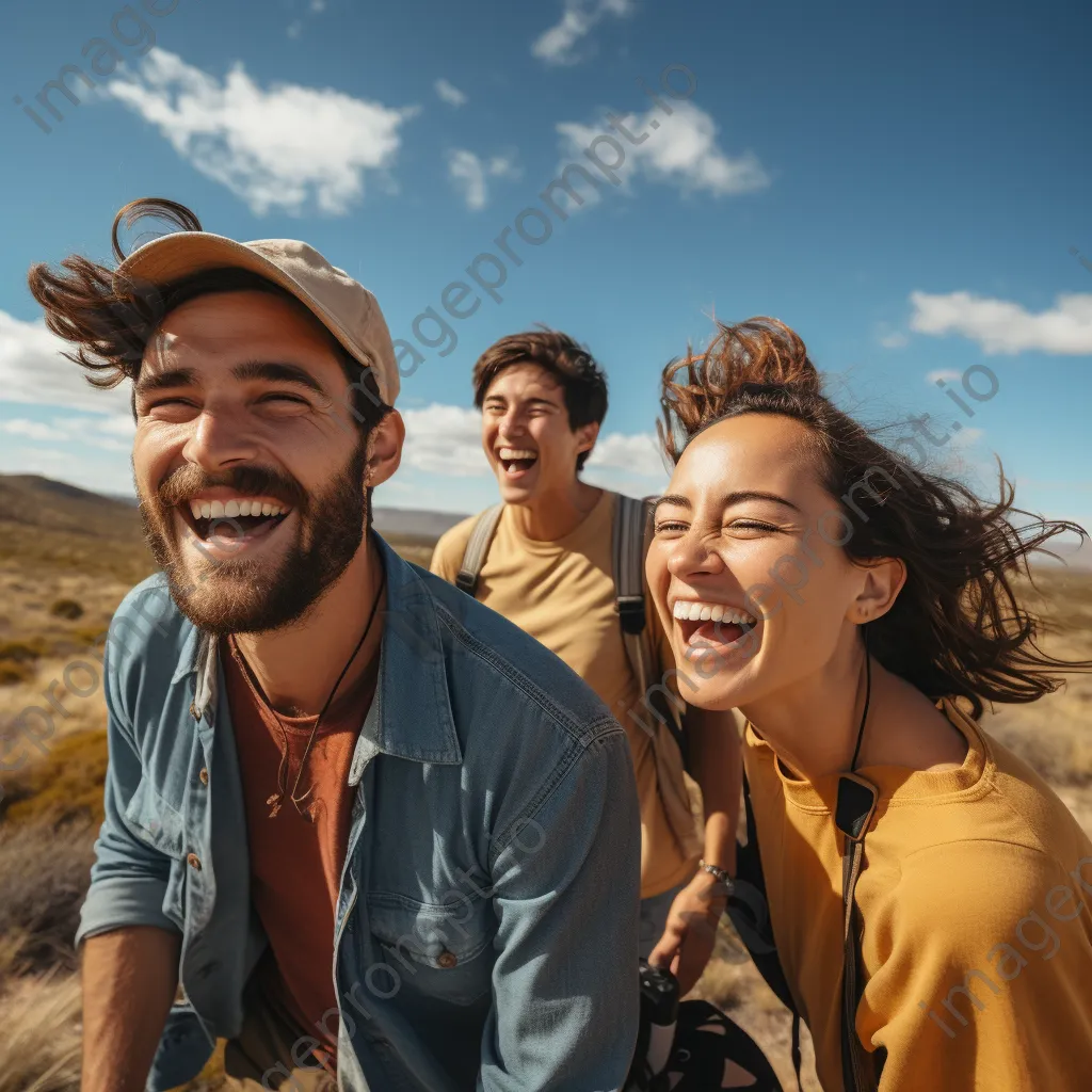 Friends laughing while navigating a rugged off-road trail under blue skies. - Image 1