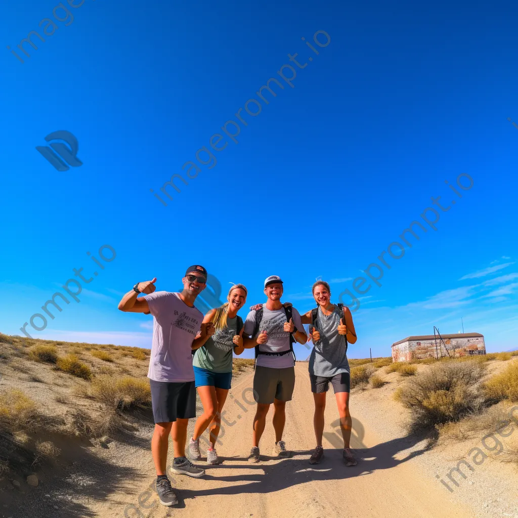 Friends laughing while navigating a rugged off-road trail under blue skies. - Image 2