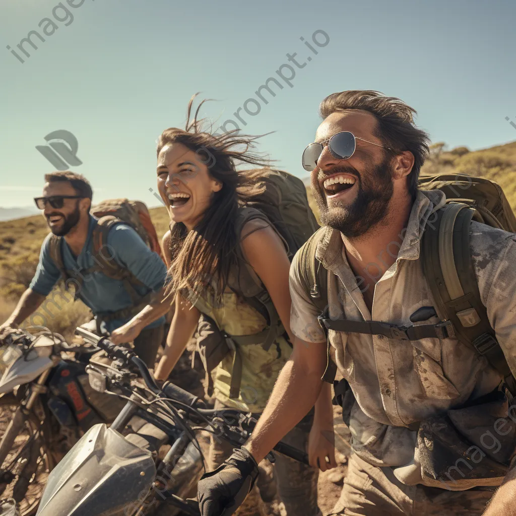 Friends laughing while navigating a rugged off-road trail under blue skies. - Image 3