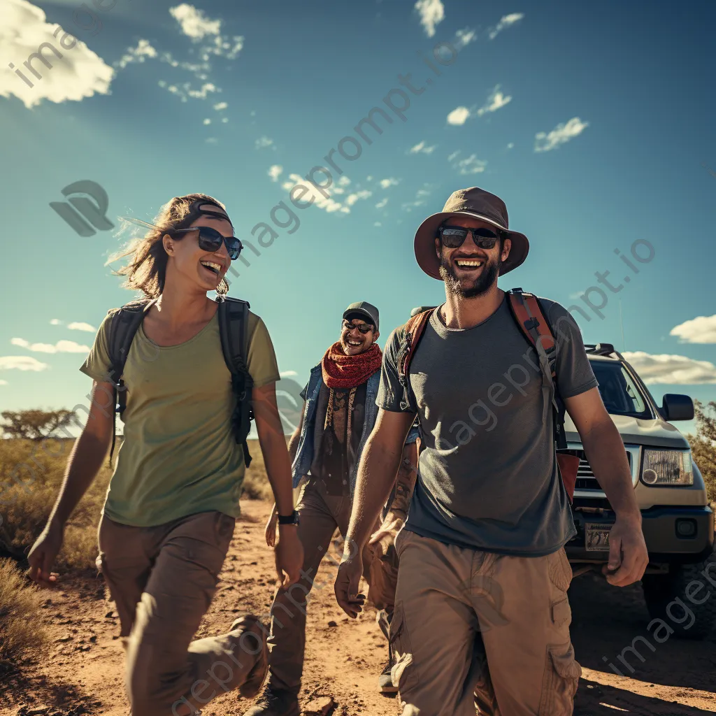 Friends laughing while navigating a rugged off-road trail under blue skies. - Image 4