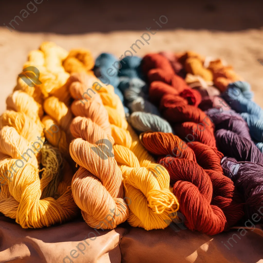 Close-up of colorful naturally dyed wool skeins drying in sunlight - Image 1