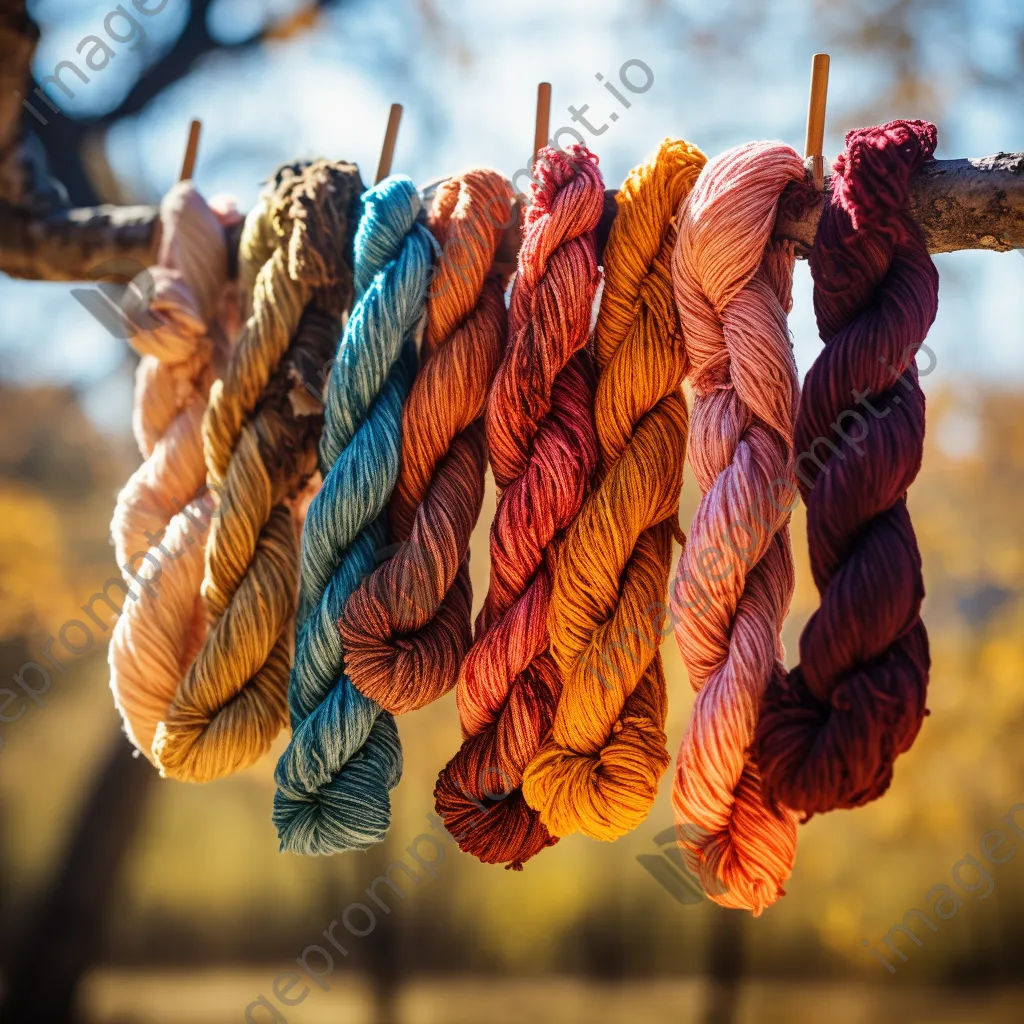 Close-up of colorful naturally dyed wool skeins drying in sunlight - Image 2