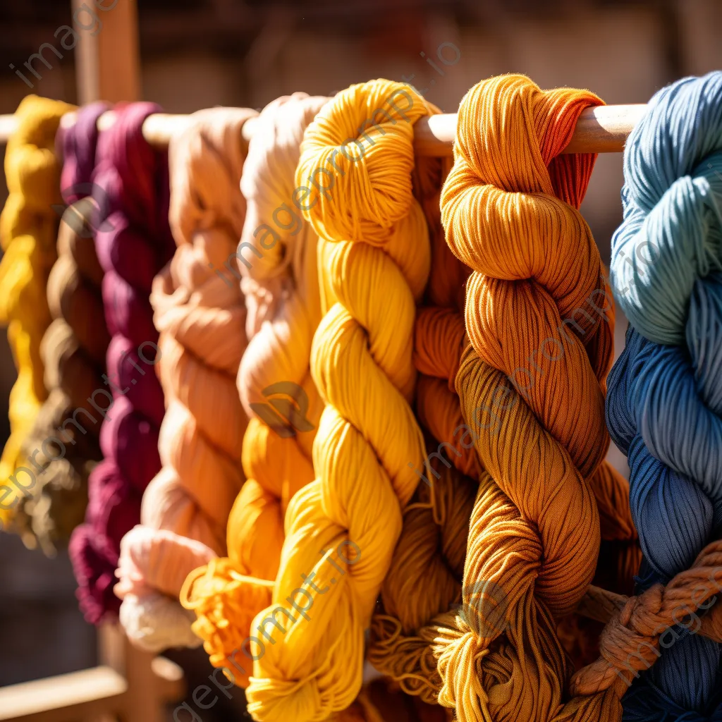 Close-up of colorful naturally dyed wool skeins drying in sunlight - Image 3