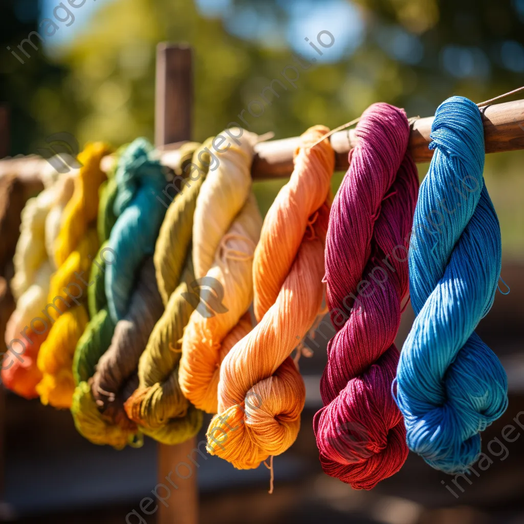 Close-up of colorful naturally dyed wool skeins drying in sunlight - Image 4