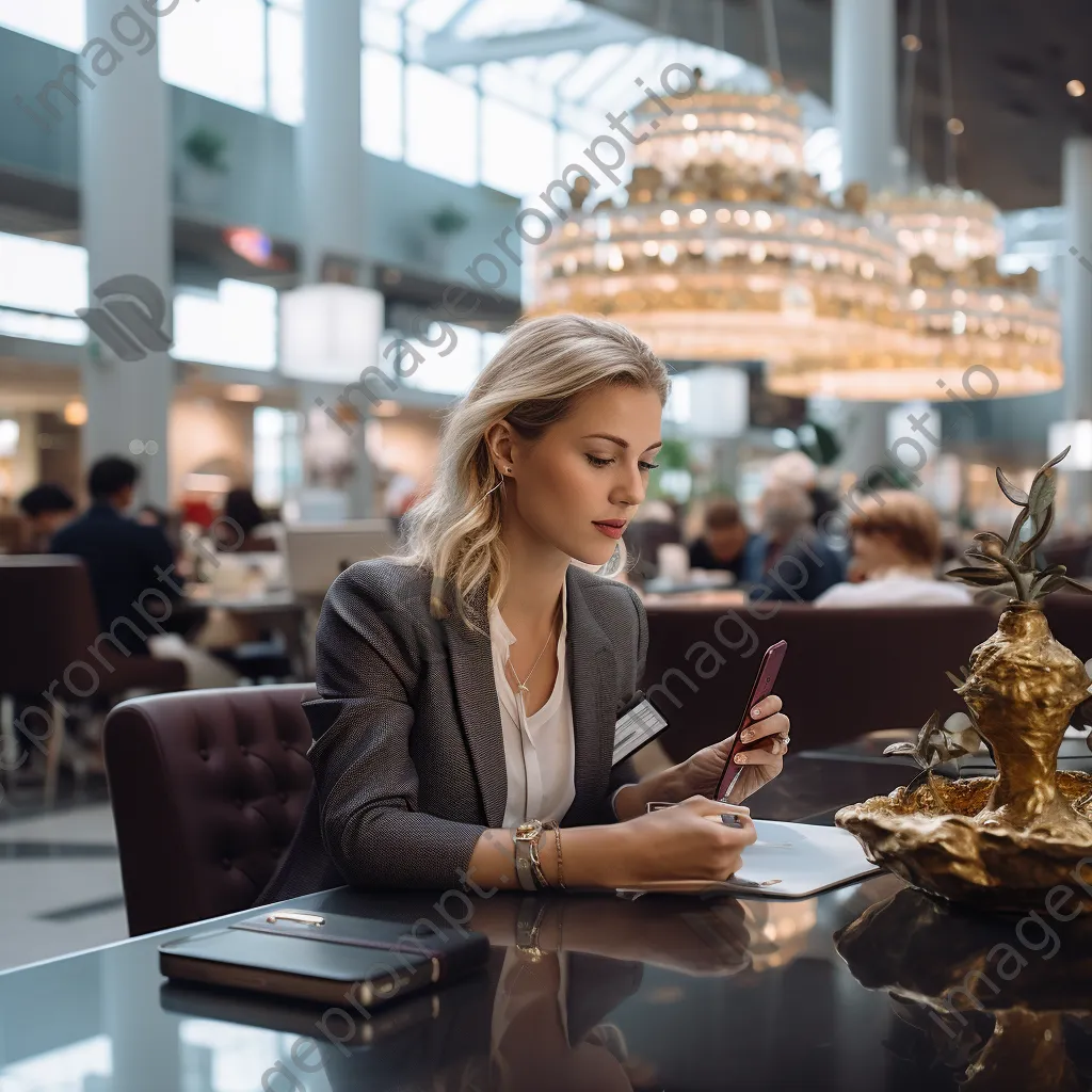 Business team meeting in vibrant airport café. - Image 1