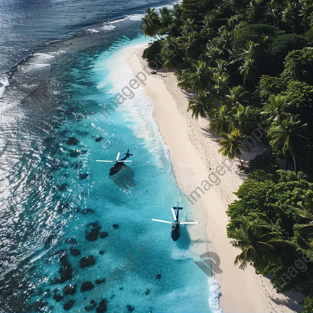 Tropical island aerial view with helicopters landing, beach scene - Image 2