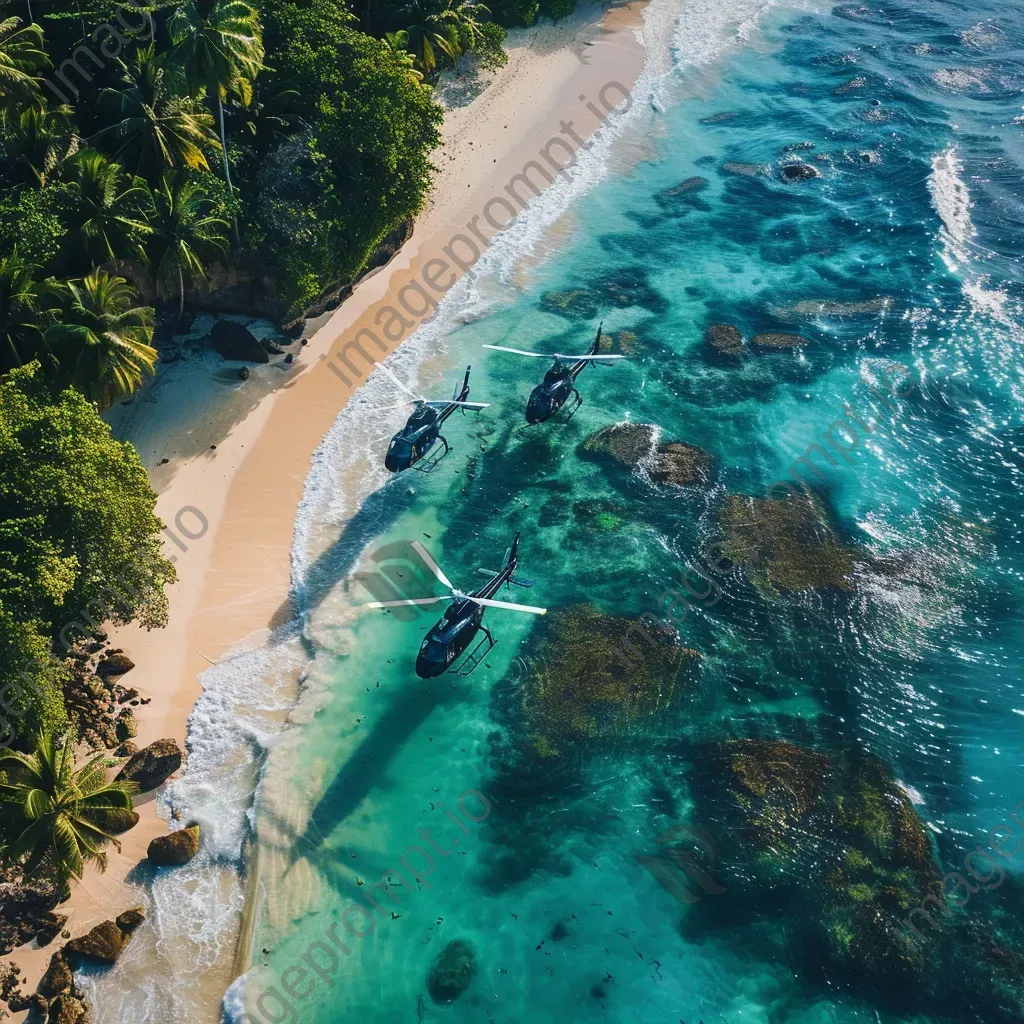 Tropical island aerial view with helicopters landing, beach scene - Image 3