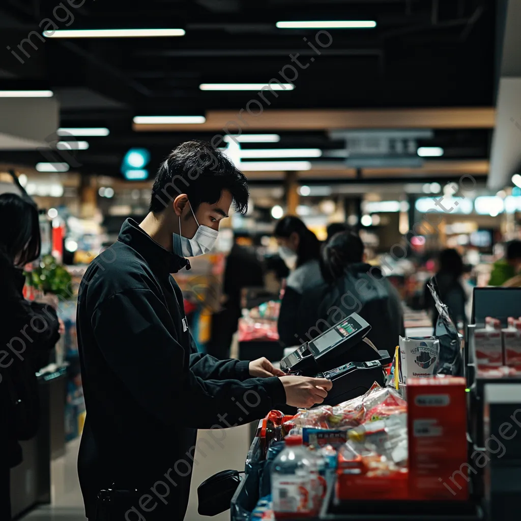 Cashier focused on scanning items with customers waiting in line at express checkout. - Image 1