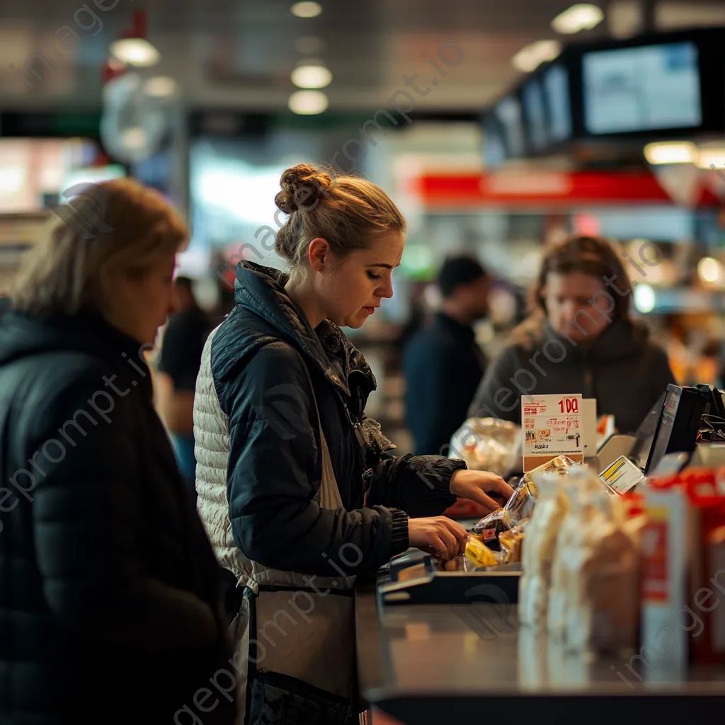 Cashier focused on scanning items with customers waiting in line at express checkout. - Image 2