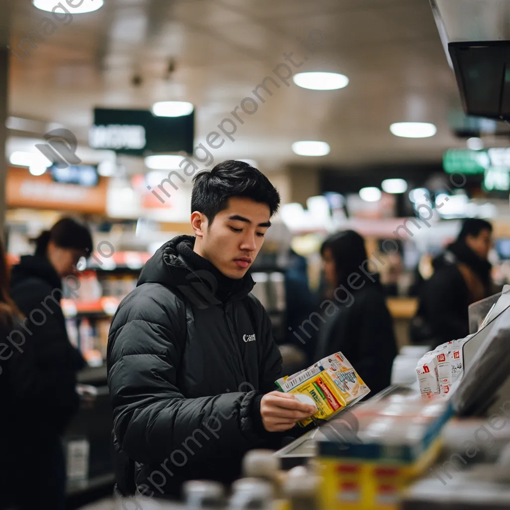 Cashier focused on scanning items with customers waiting in line at express checkout. - Image 3