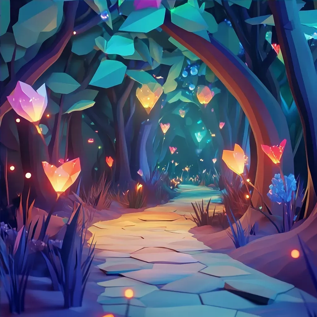 Glowing, low poly depiction of an enchanted forest with mystical creatures - Image 4