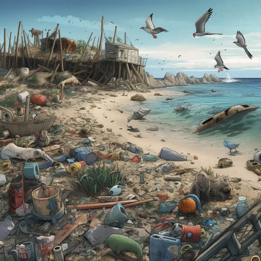 Image of a polluted beach with stranded marine life and plastic waste - Image 1