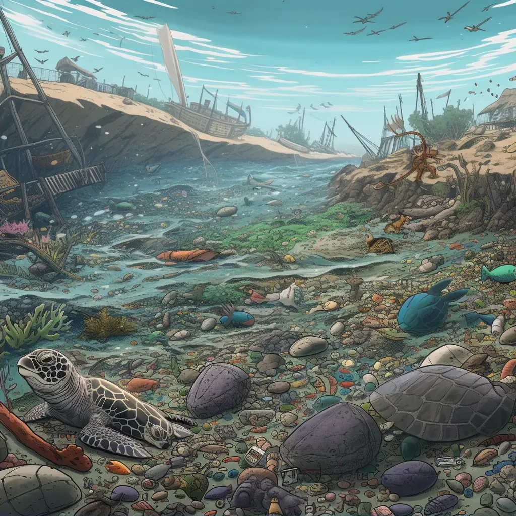 Image of a polluted beach with stranded marine life and plastic waste - Image 2