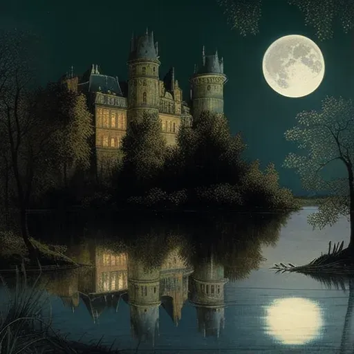 Ancient castle under full moon with reflective moat and trees - Image 1