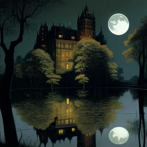 Ancient castle under full moon with reflective moat and trees - Image 2