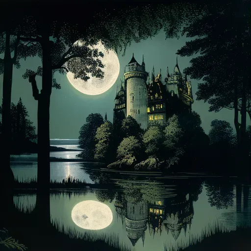 Ancient castle under full moon with reflective moat and trees - Image 3