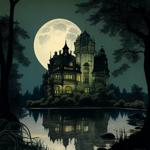 Ancient Castle under Full Moon with Moat