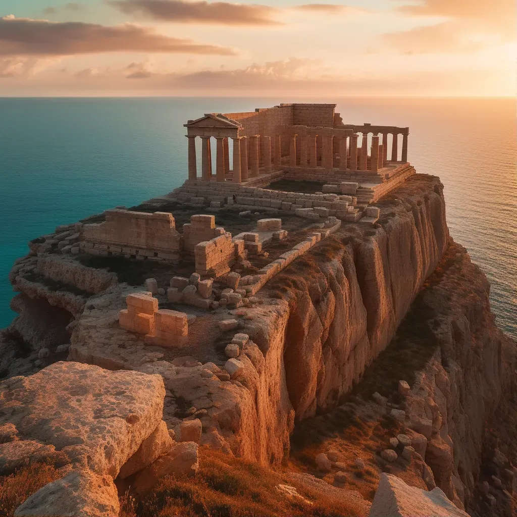 Ancient Greek ruins on a seaside cliff at sunset - Image 1