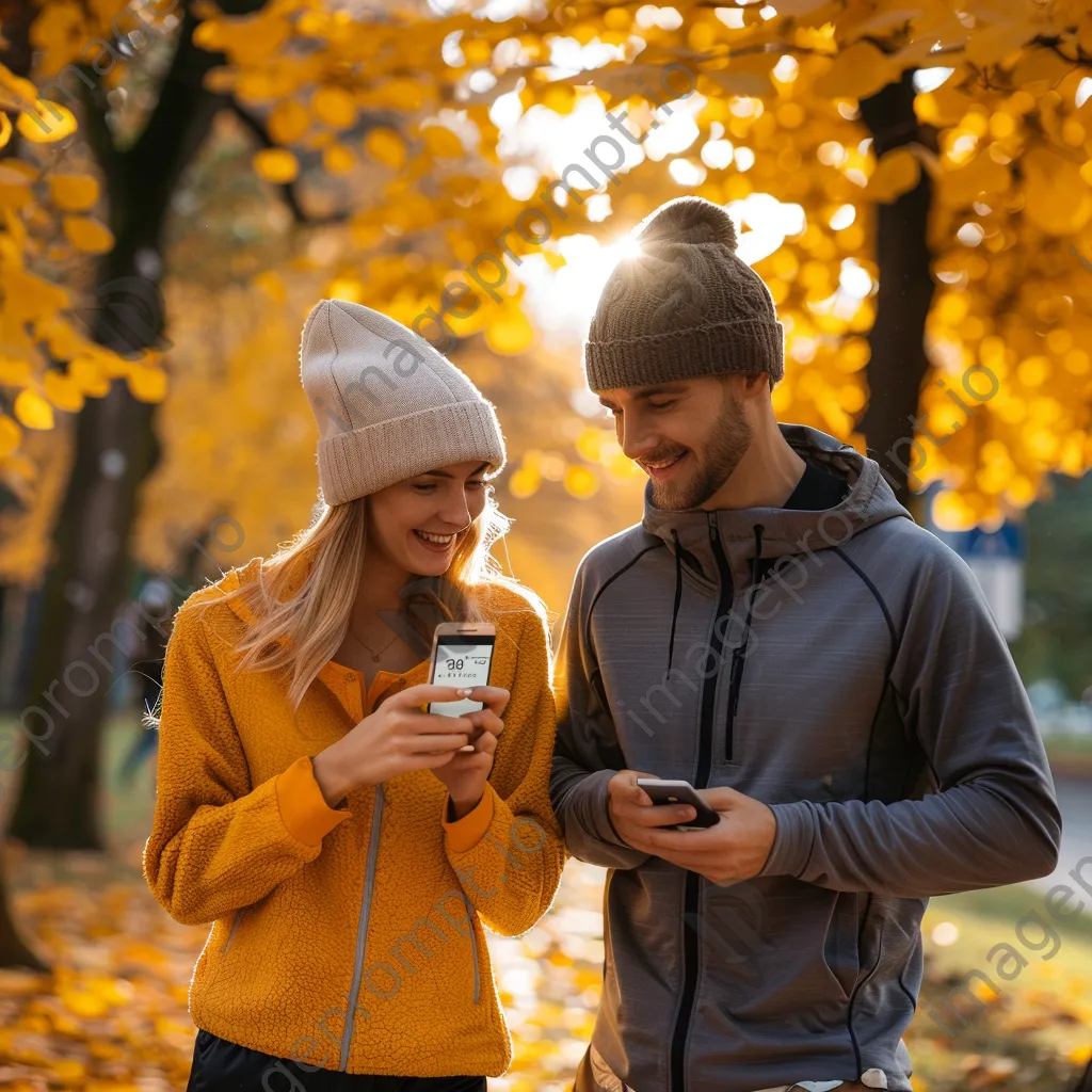 Couple jogging in a park while checking fitness app on smartphone - Image 2