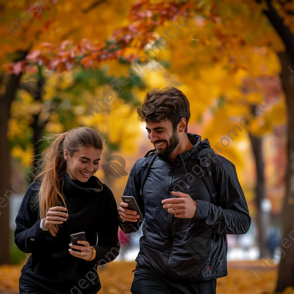 Couple jogging in a park while checking fitness app on smartphone - Image 3