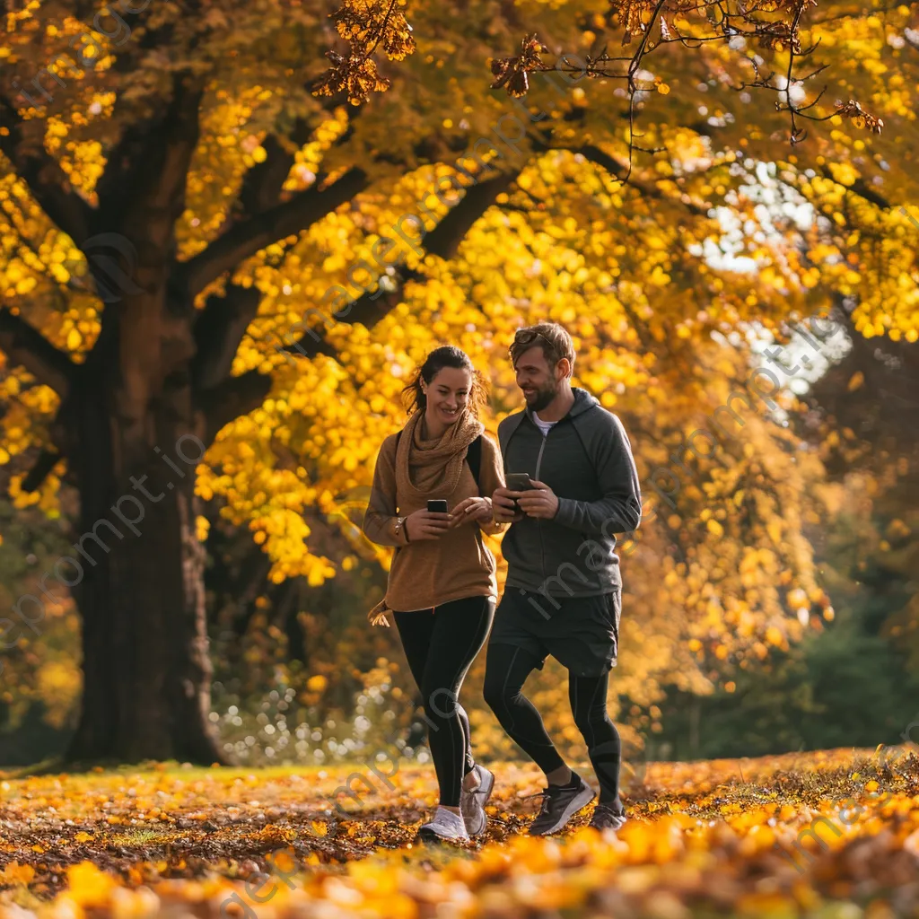 Couple jogging in a park while checking fitness app on smartphone - Image 4