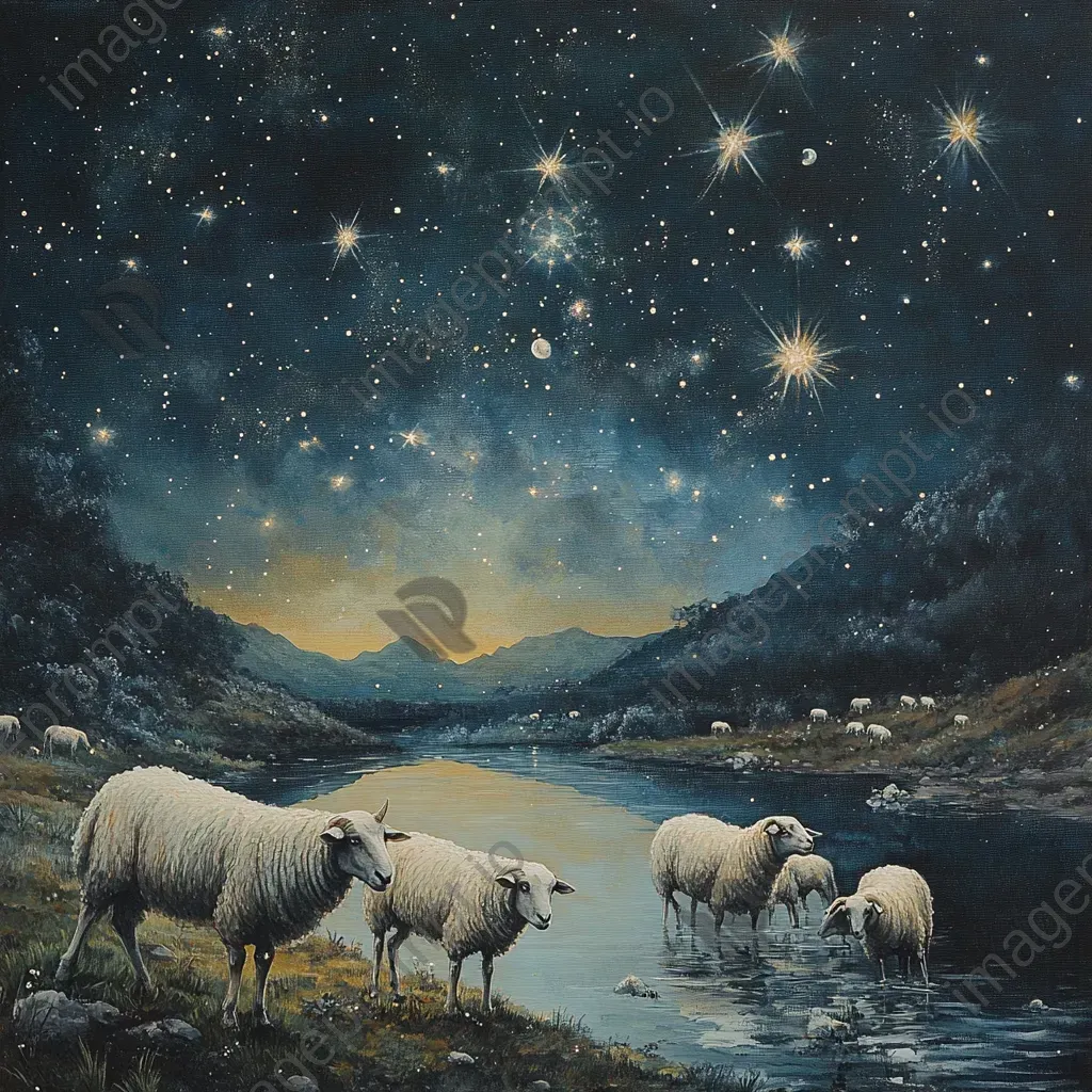 Night scene of enchanted sheep grazing, with stars and constellations mirrored in the landscape - Image 1