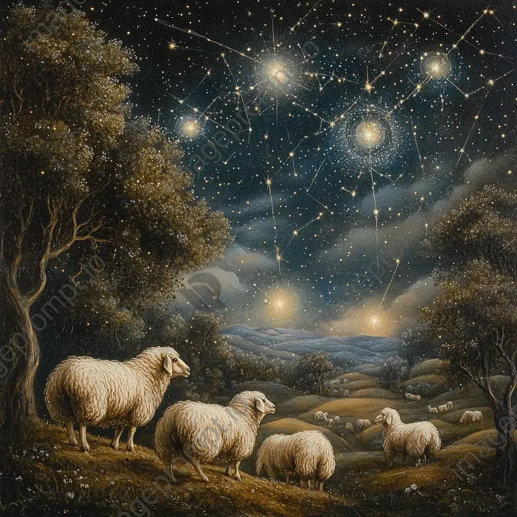 Night scene of enchanted sheep grazing, with stars and constellations mirrored in the landscape - Image 2