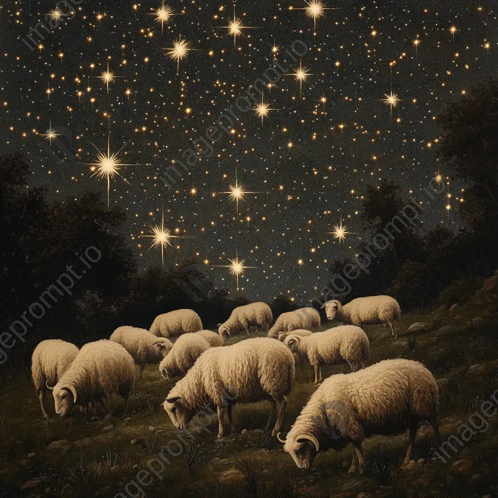 Night scene of enchanted sheep grazing, with stars and constellations mirrored in the landscape - Image 3