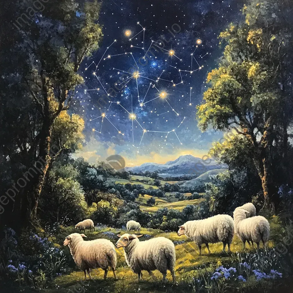 Night scene of enchanted sheep grazing, with stars and constellations mirrored in the landscape - Image 4