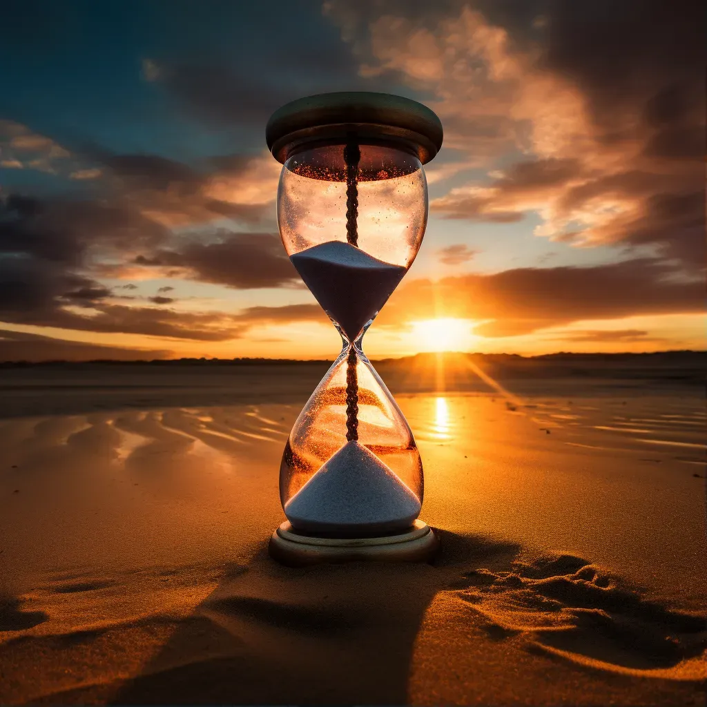 Image of an hourglass with sand flowing against a sunset background - Image 1