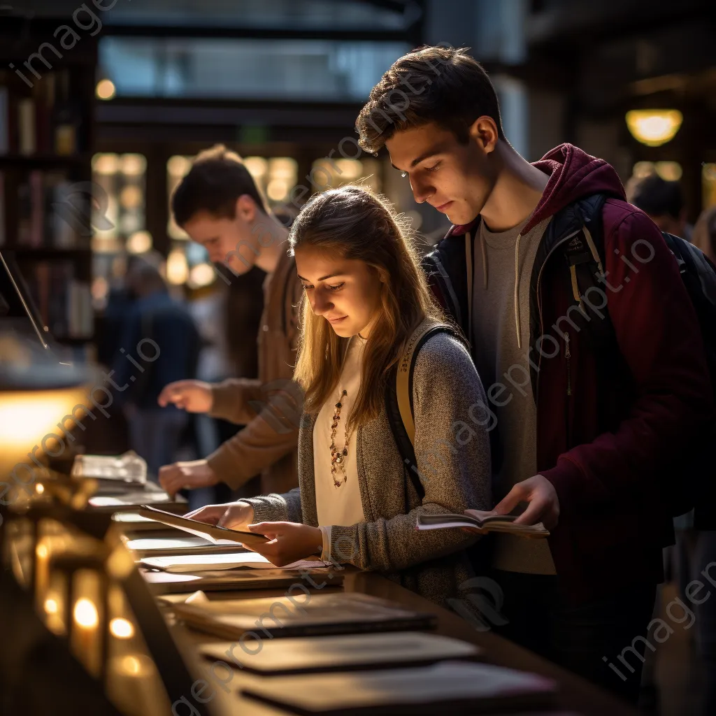 Students looking through books in a university bookstore with warm lighting. - Image 1