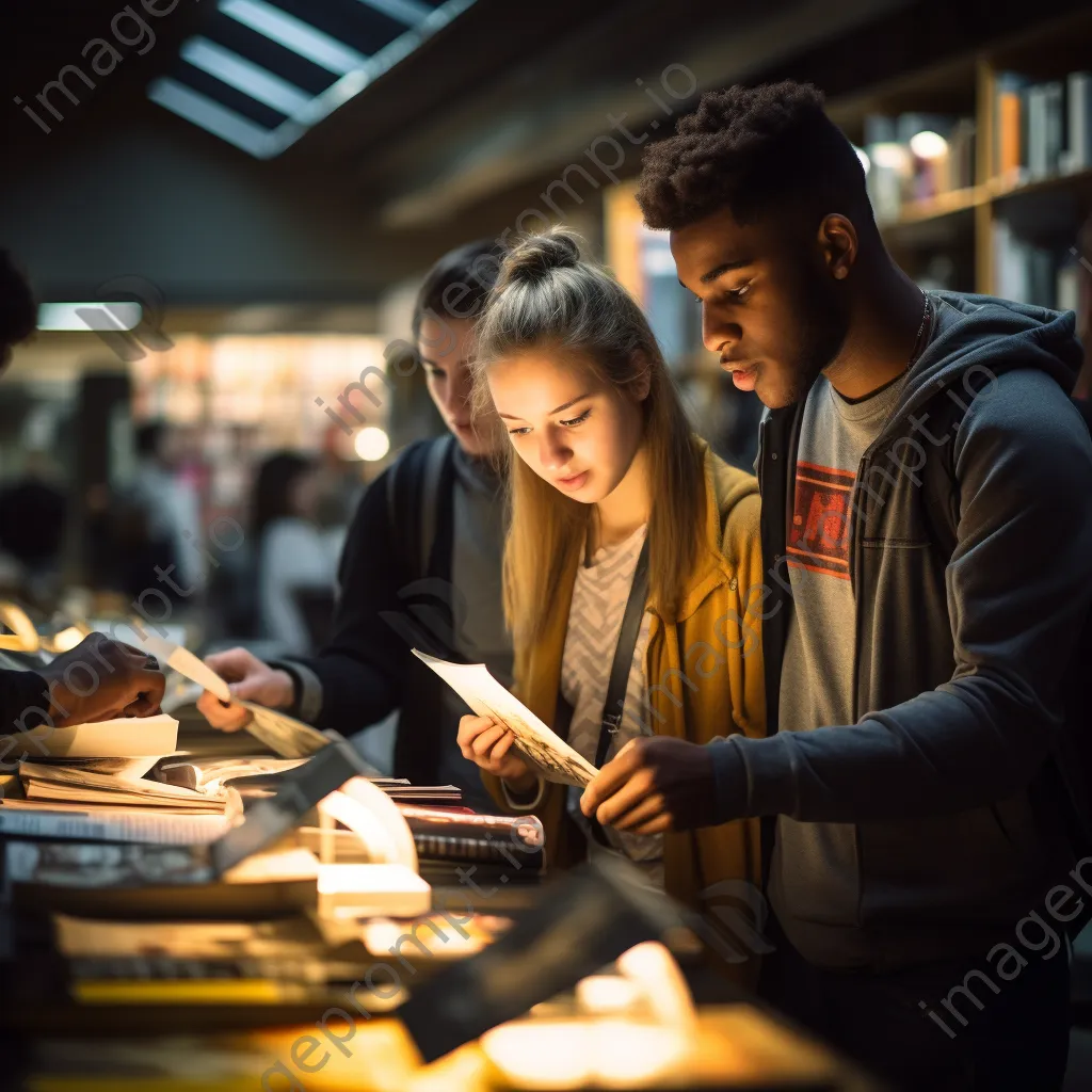 Students looking through books in a university bookstore with warm lighting. - Image 2