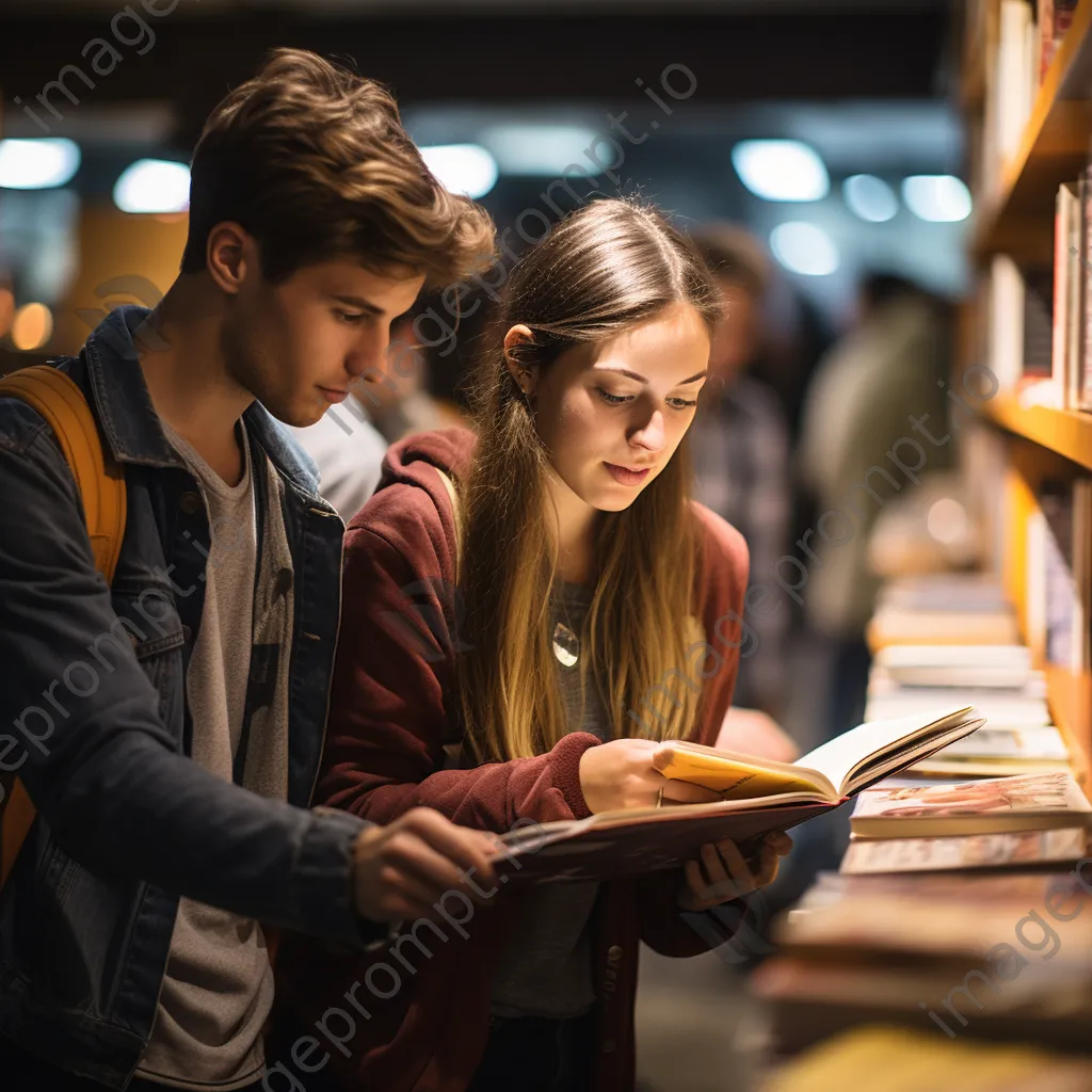 Students looking through books in a university bookstore with warm lighting. - Image 3