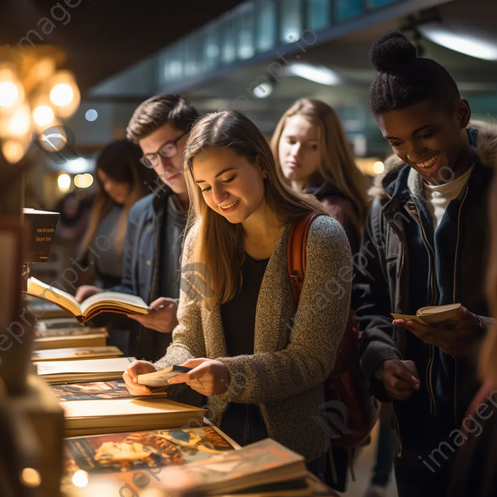 Students looking through books in a university bookstore with warm lighting. - Image 4