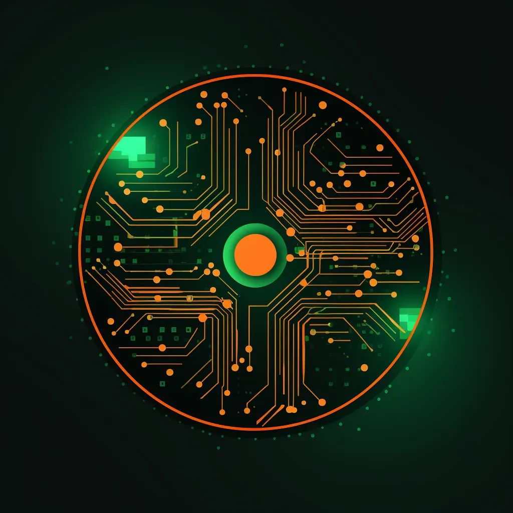 Retro-futuristic financial technology logo with green and orange colors on a dark background - Image 1