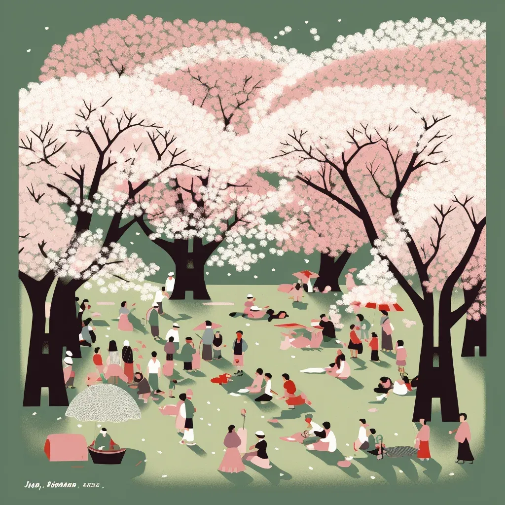 Hanami festival with people under blooming cherry blossom trees in Japan - Image 1