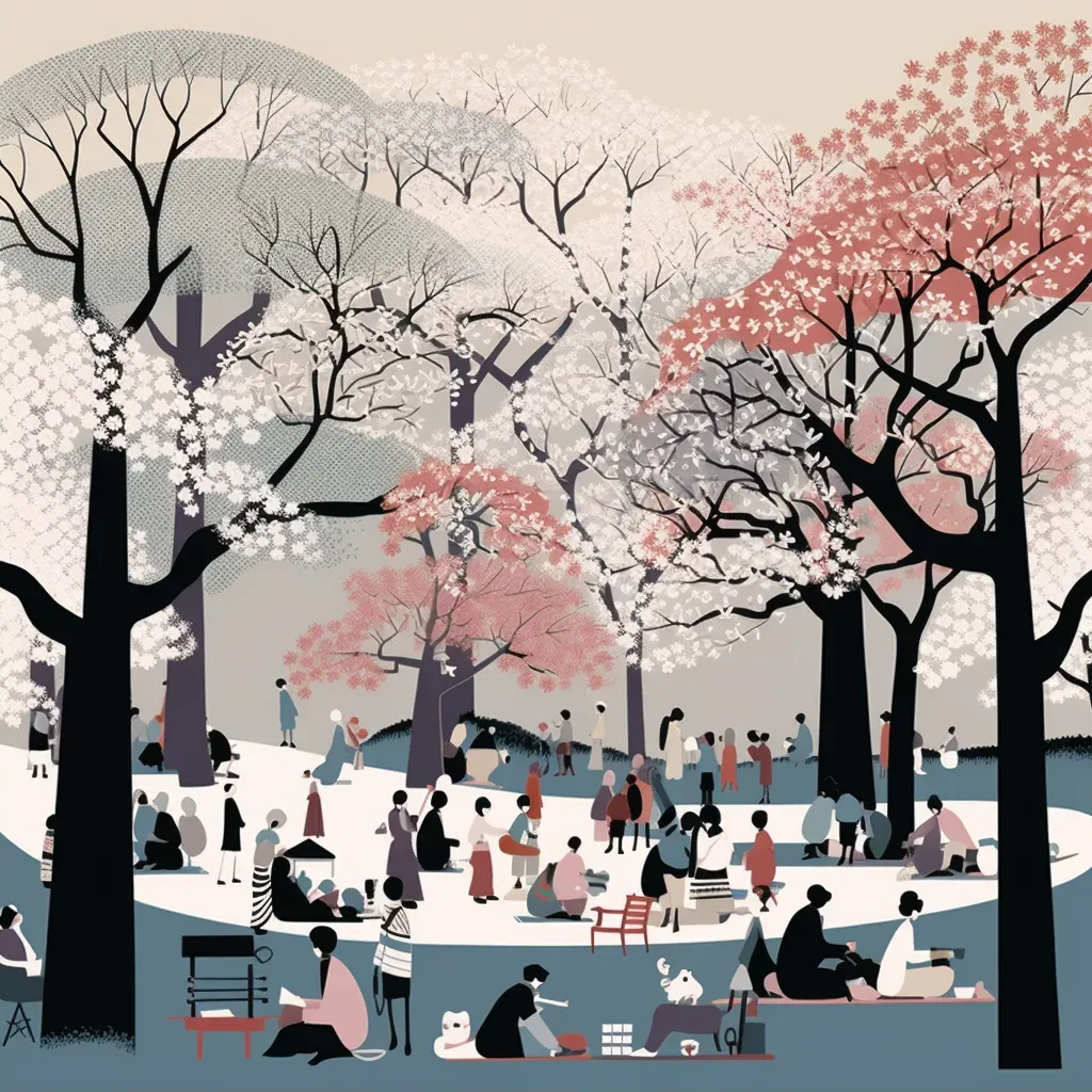 Hanami festival with people under blooming cherry blossom trees in Japan - Image 2