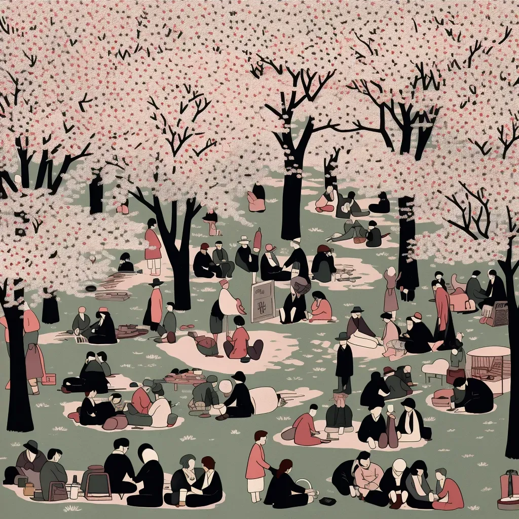 Hanami festival with people under blooming cherry blossom trees in Japan - Image 4