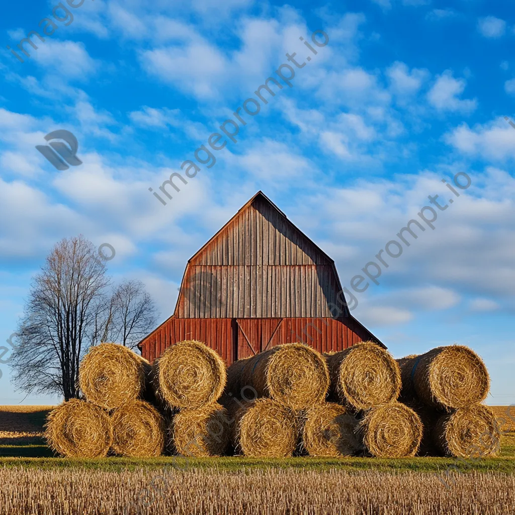 Barn with hay bales under blue sky - Image 1