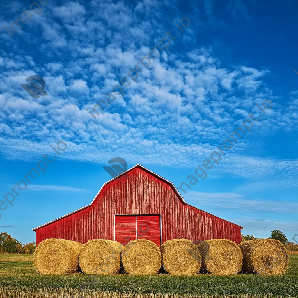 Barn with hay bales under blue sky - Image 2