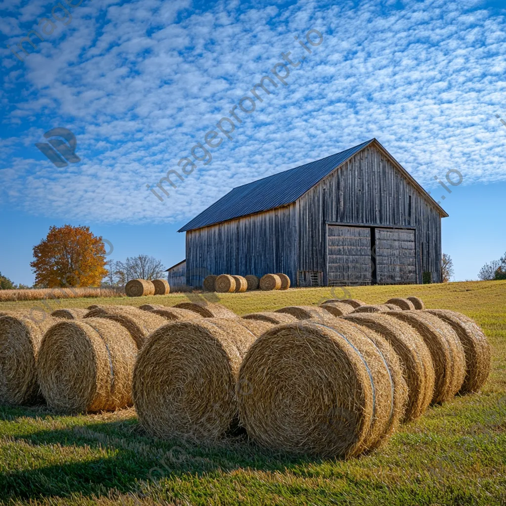 Barn with hay bales under blue sky - Image 3