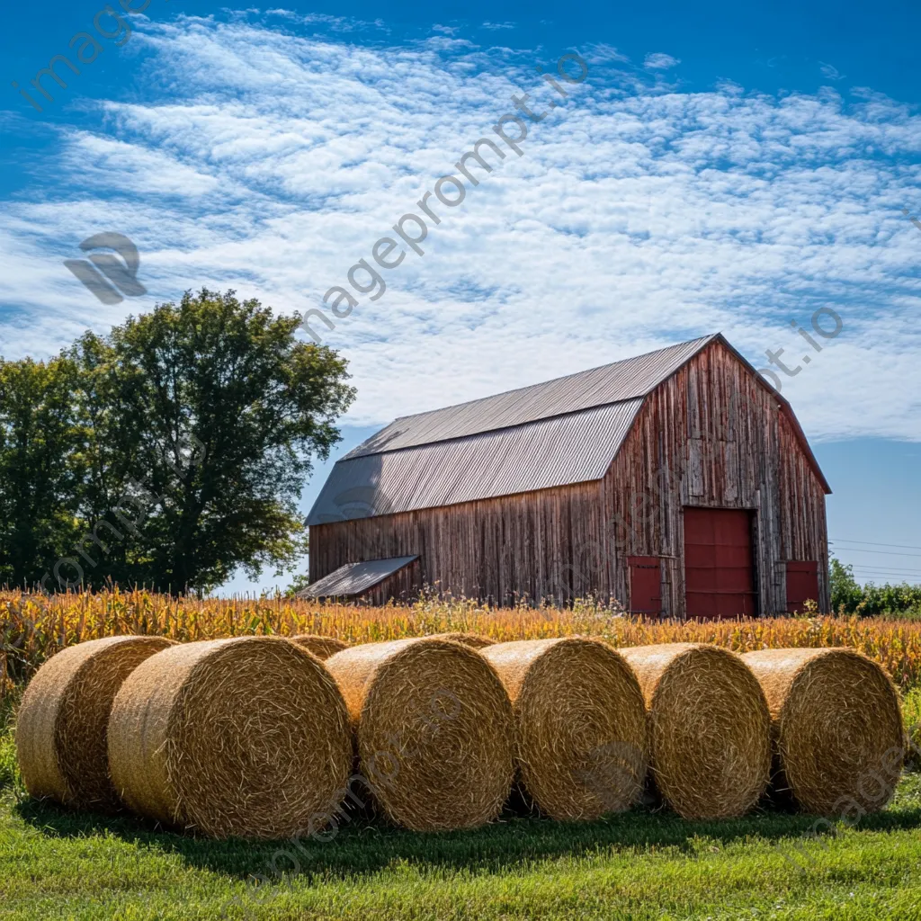 Barn with hay bales under blue sky - Image 4