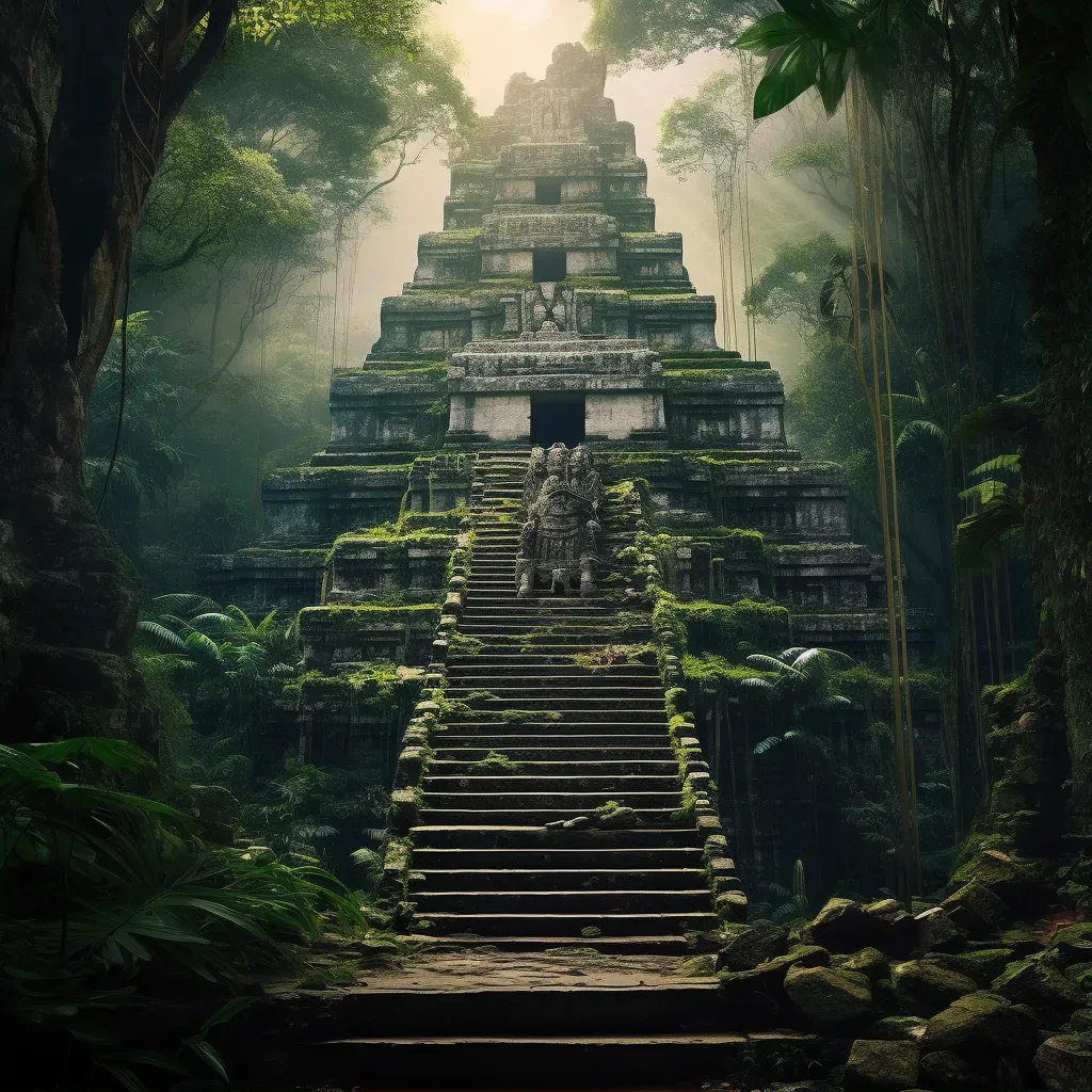 Ancient Mayan temple with towering steps in the dense jungle - Image 1