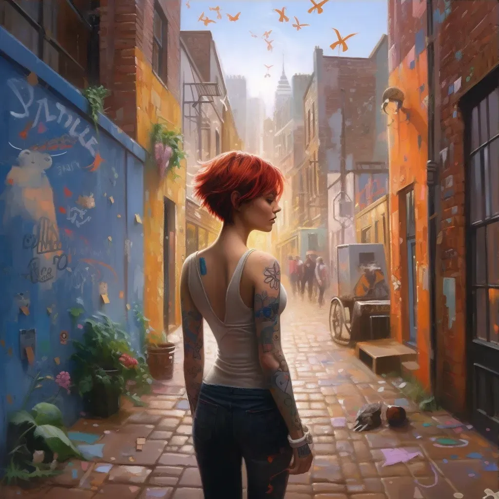 Woman with a pixie haircut sketching in a graffiti-covered alley - Image 3