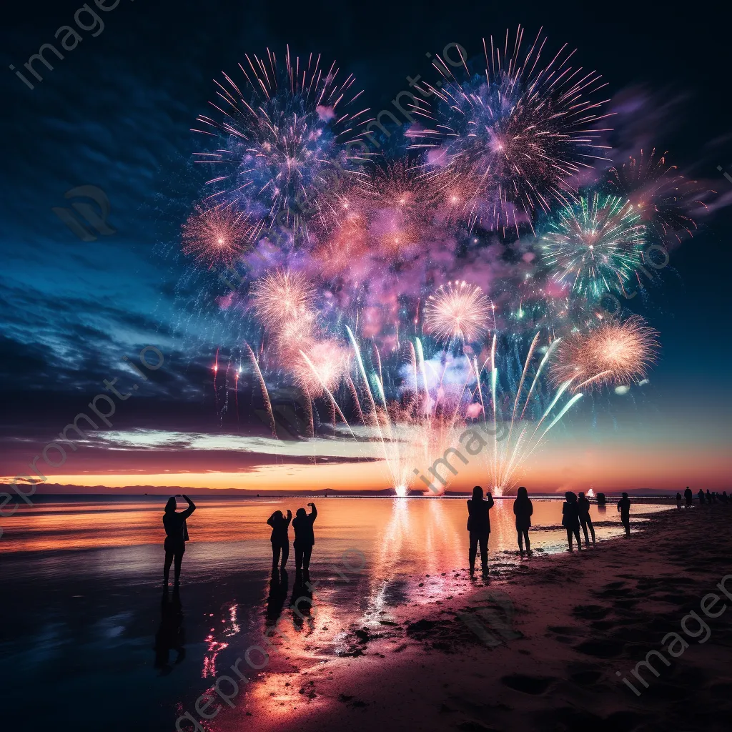 Fireworks lighting up a beach with people silhouetted watching the New Year