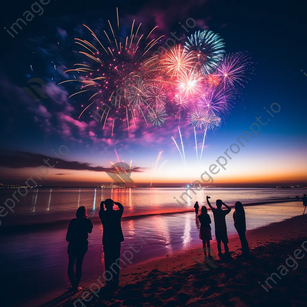 Fireworks lighting up a beach with people silhouetted watching the New Year